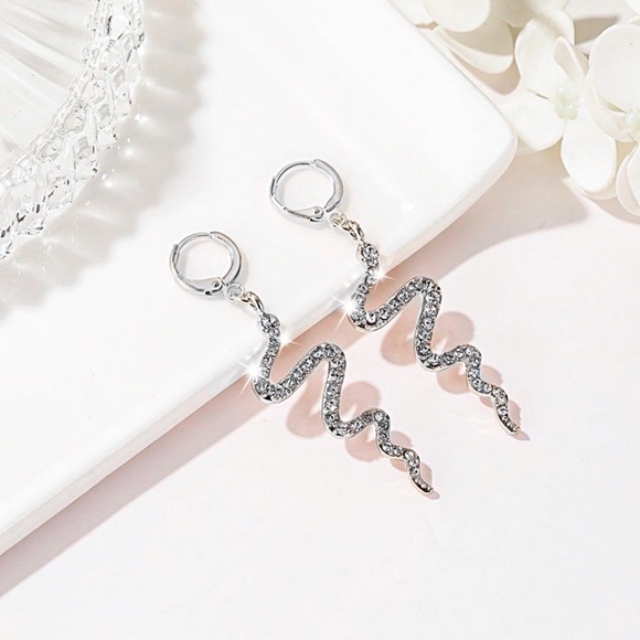 2/$20! Silver Crystal Snake Huggie Hoop Earrings - Picture 2 of 8